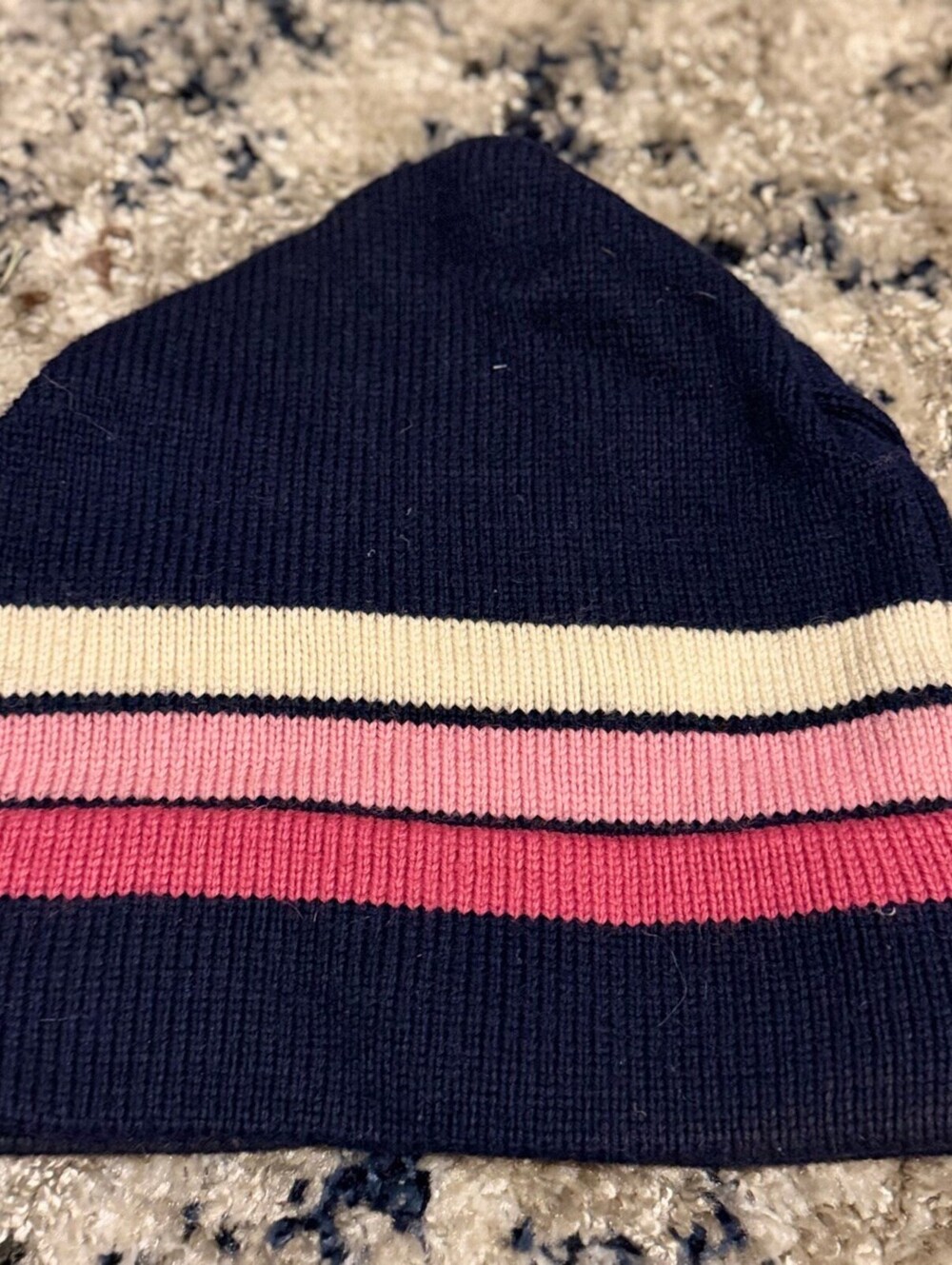 Vintage Vermont Originals Striped Knit Beanie Navy Pink Cream 100% Wool